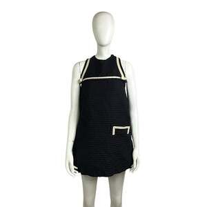 Vintage Beene Bazaar Geoffrey Beene Black Puckered Knit Mini Dress with Cream Tr